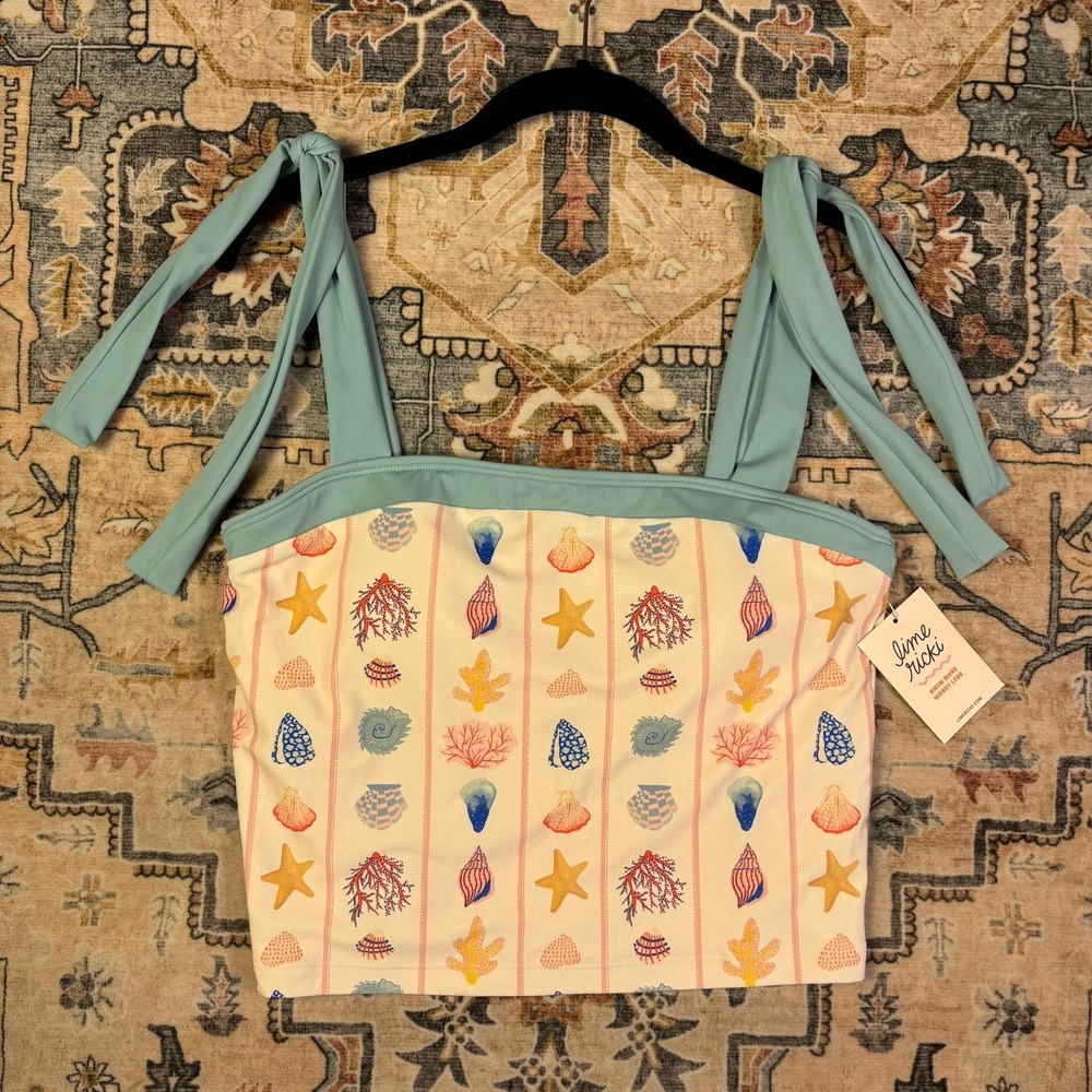 Lime Ricki Seashell Coral Print Swim Crop Top Tie Straps NWT Blue White Size XL